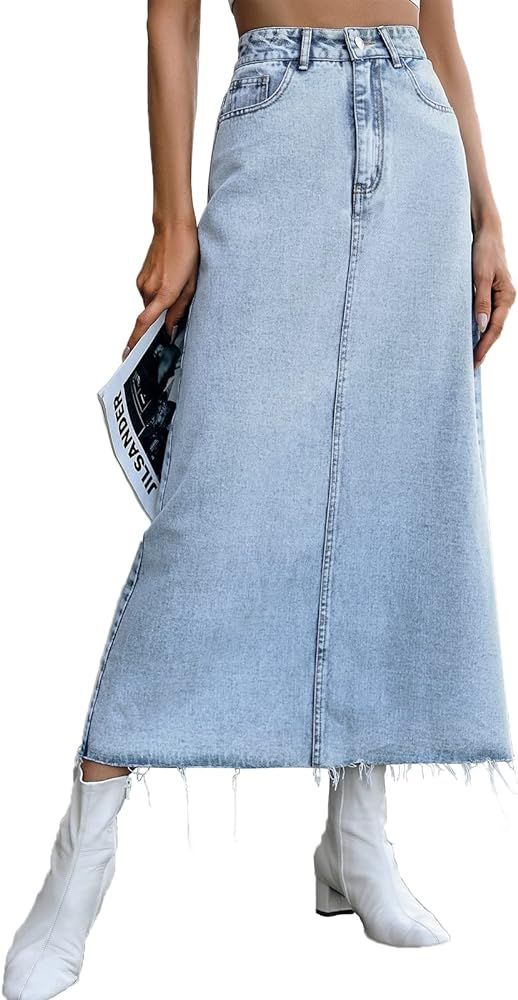 Long Denim Skirts for Women Maxi Paperbag High Waist Frayed Raw Hem A line Flare Jean Skirt with ... | Amazon (US)