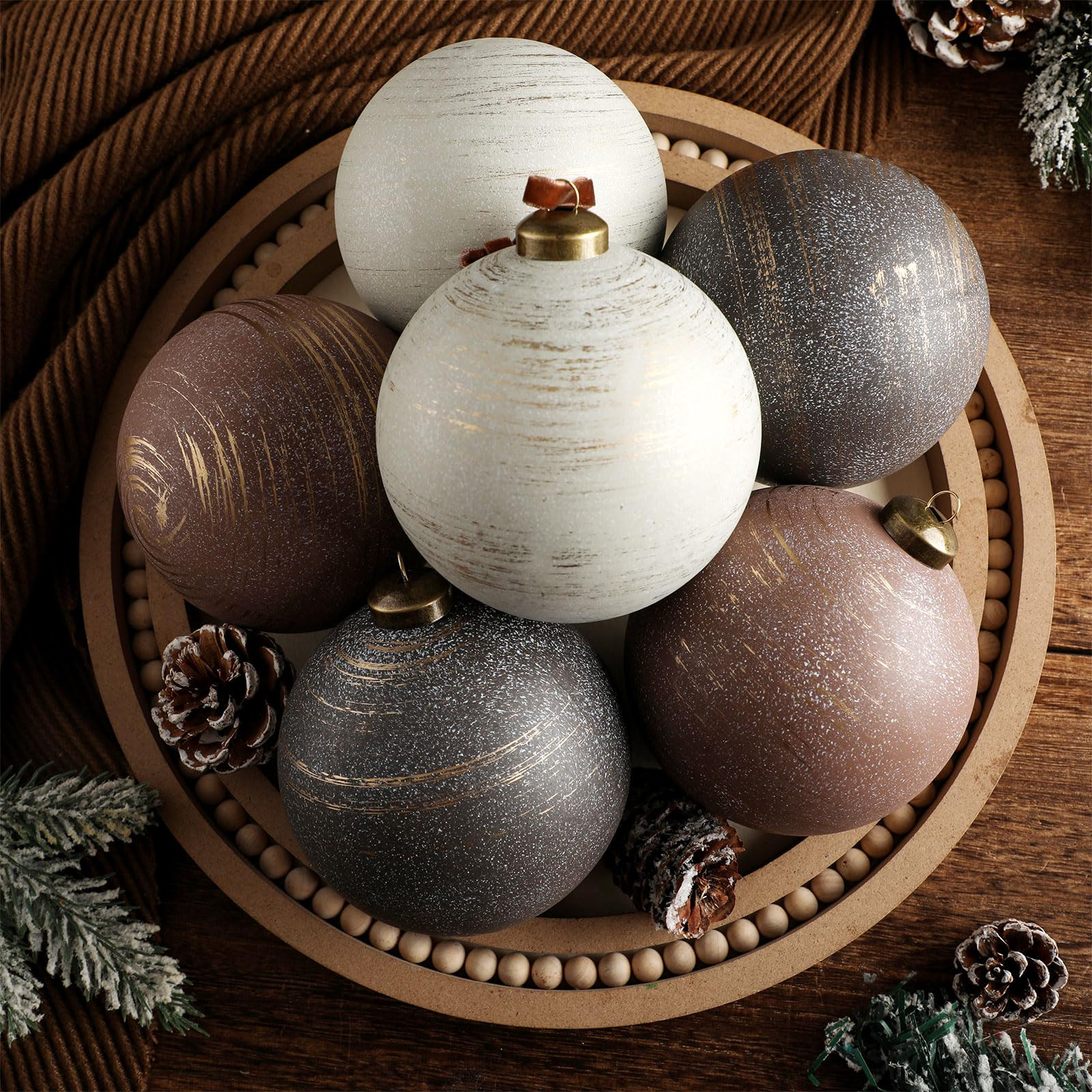 6 Pcs 4 Inch Neutral Christmas Ball Ornaments with Velvet Ribbon Large Rustic Textured Copper Bro... | Amazon (US)