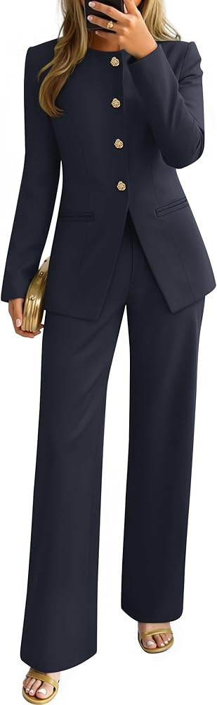 ZESICA Women's 2026 Spring Two Piece Suits Set Casual Business Long Sleeve Blazer Jacket Wide Leg... | Amazon (US)