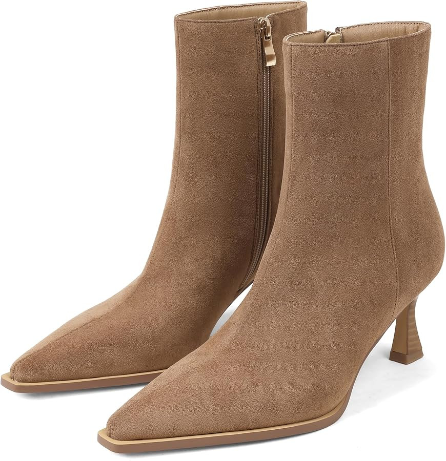 Womens Brown Suede Fall Boots with Side Zip, Ankle, Mid Calf, Pointed Toe, Kitten Heel, Dressy, S... | Amazon (US)