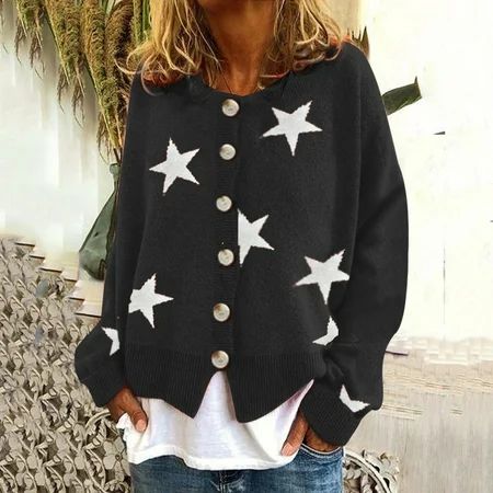 Women Coat Cardigans Star Printing Long Sleeve O-Neck Cropped Sweater Top | Walmart (US)