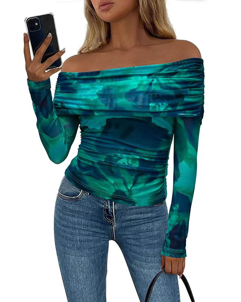 PRETTYGARDEN Women's Fall Tops 2025 Off The Shoulder Long Sleeve Fitted Y2k Shirts Floral Ruched ... | Amazon (US)