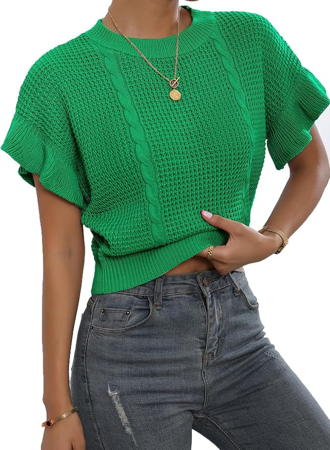 Verdusa Women's Ruffled Short Sleeve Round Neck Knitted Crop Top Pullovers Sweater | Amazon (US)