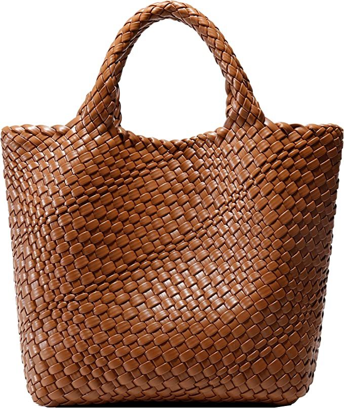 Amazon.com: Woven Bag for Women, Vegan Leather Tote Bag Large Summer Beach Travel Handbag and Pur... | Amazon (US)