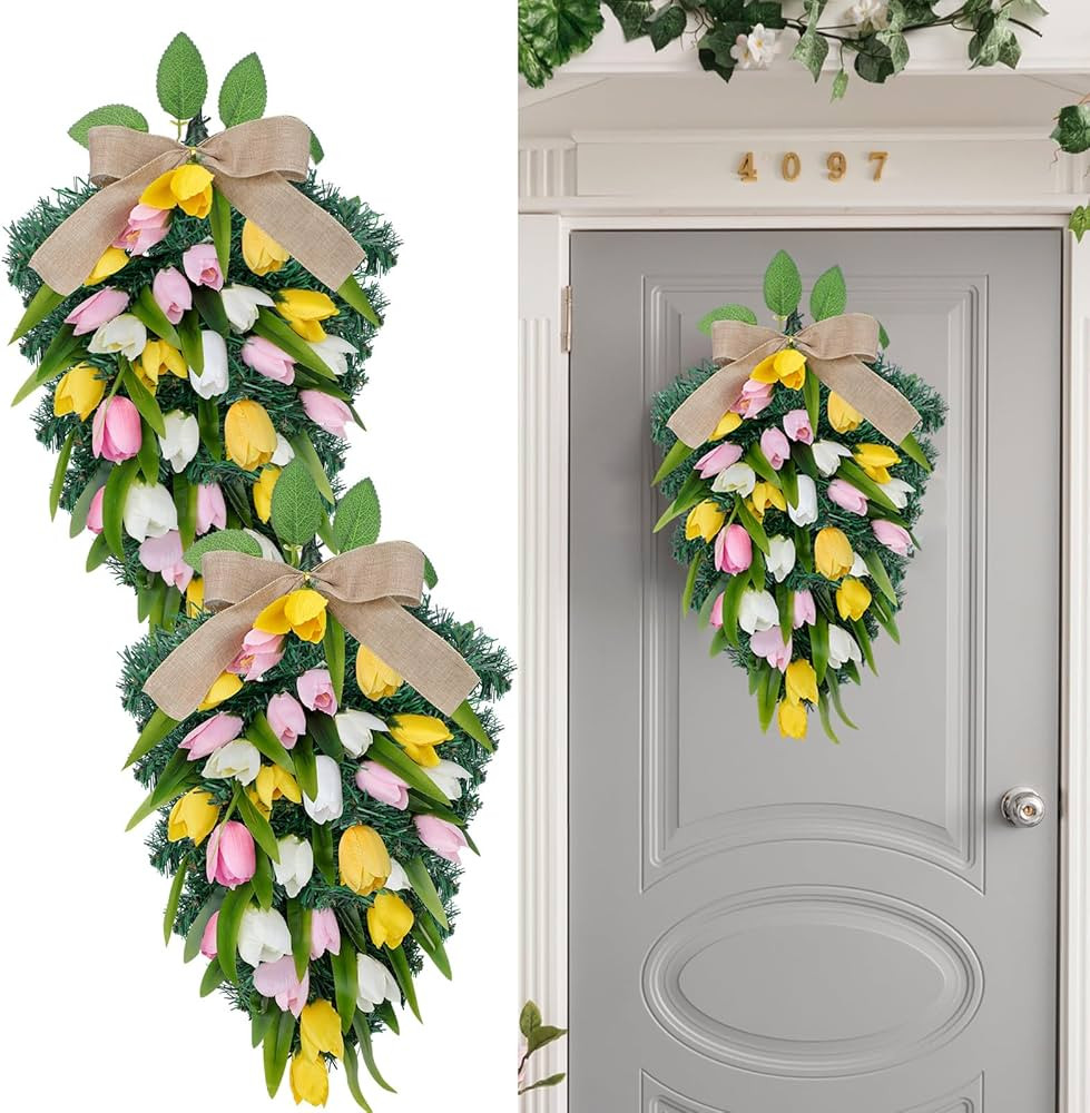 Dingion 2 Pcs 26" Spring Teardrop Swag for Front Door Easter Artificial Tulips Swag Artificial Tu... | Amazon (US)