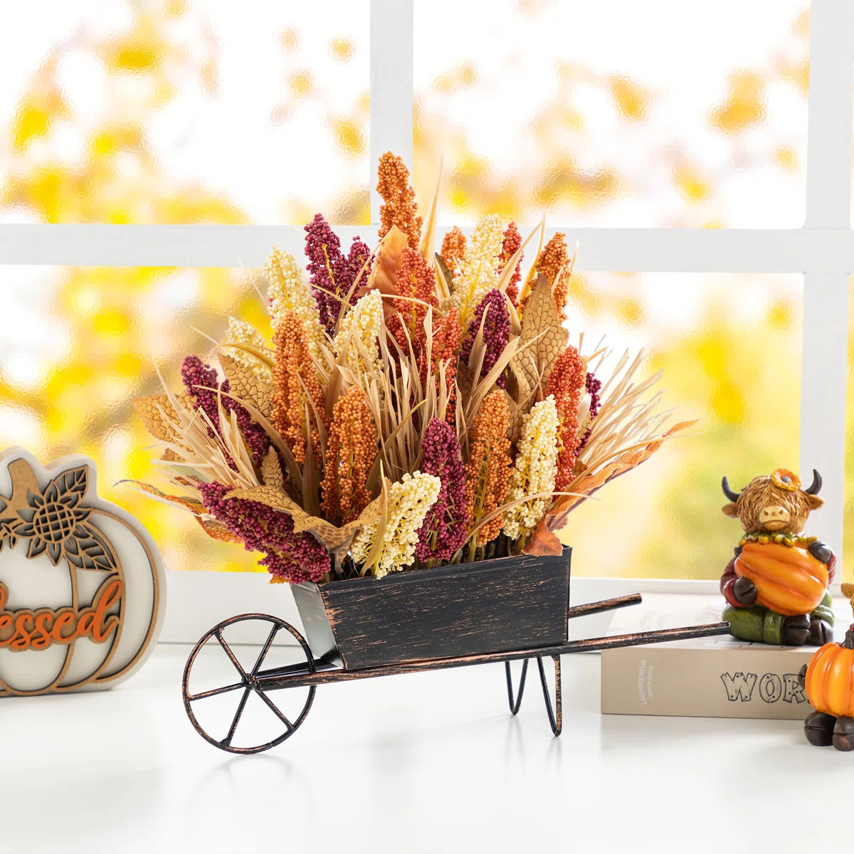 15"H Fall Multi-Colored Sorghum Cart Centerpiece | Wayfair North America