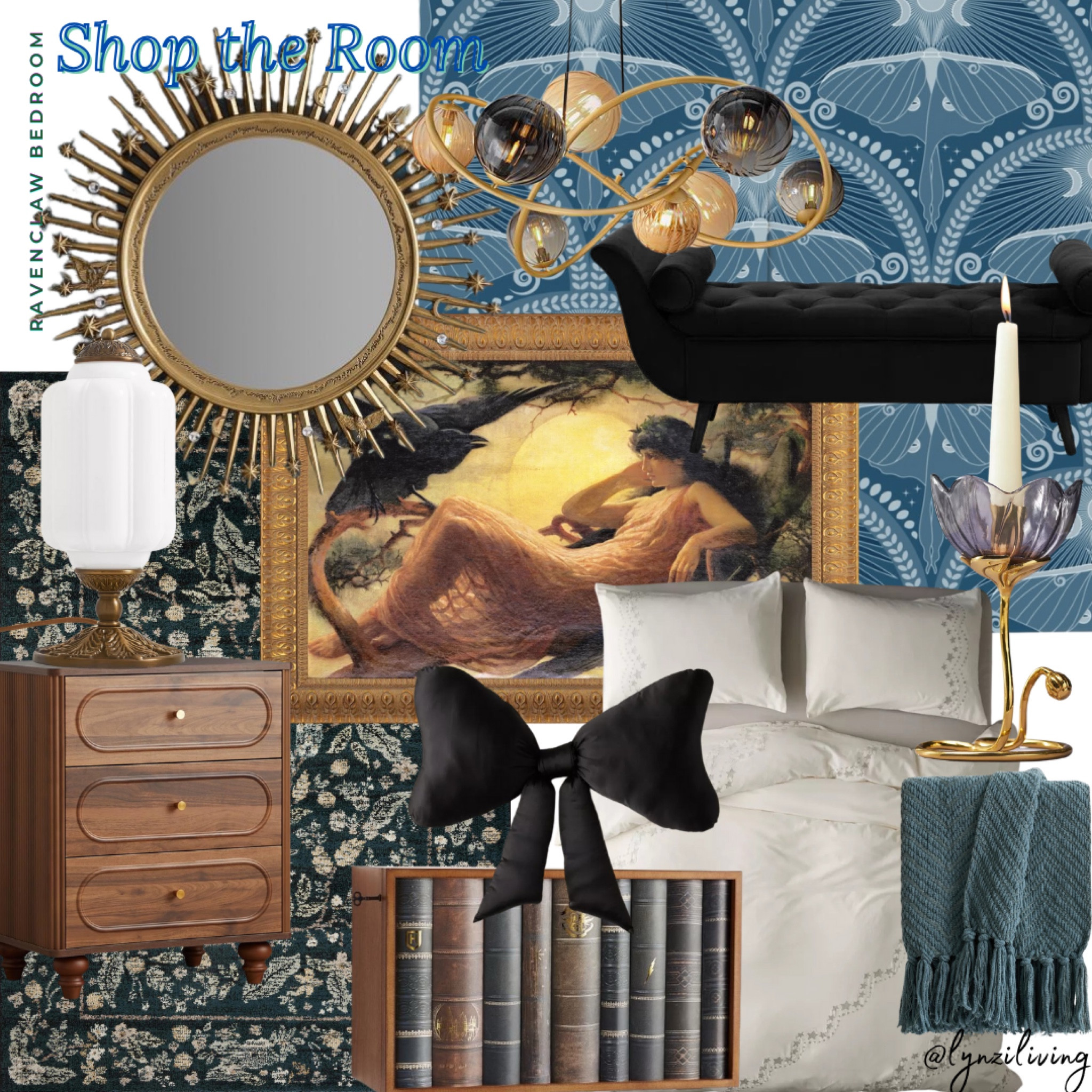 Shop the Room - Ravenclaw Bedroom 

Bedroom decor, bedroom home decor, bedroom decorations, Harry Potter bedroom, Harry Potter decor, Harry Potter inspired Home, gold wall mirror, celestial wall mirror, gold table lamp, dark wood nightstand, dark floral area rug, black bow throw pillow, bow, throw pillow, Book box, celestial bedding, celestial duvet set, blue throw blanket, gold candle holder, gold taper candle holder, Renaissance wall art, framed wall art, black bedroom bench, blue bedroom decor, black bench, beautiful wallpaper, blue wallpaper, celestial chandelier, gold chandelier

#LTKHome
