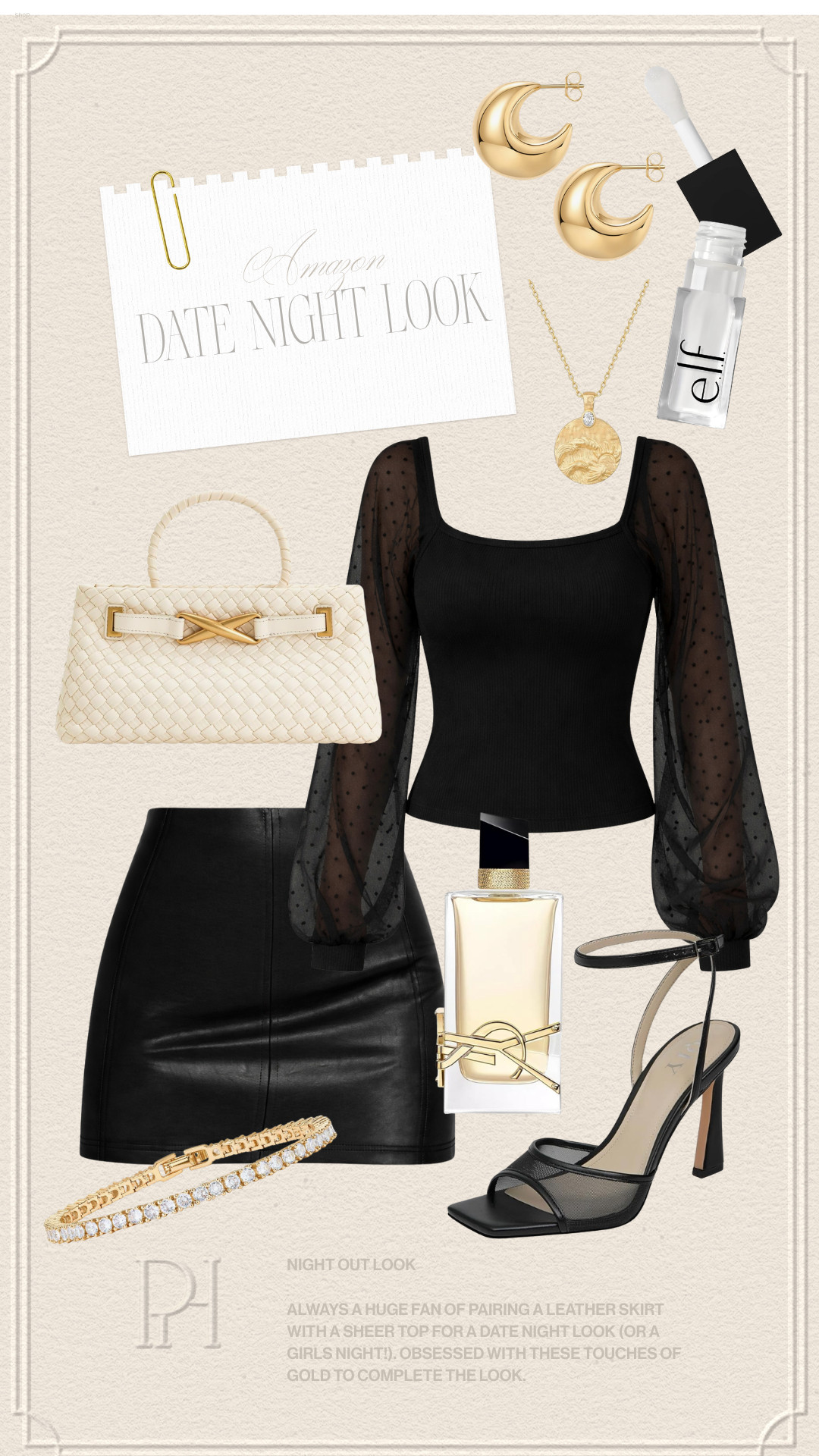 Amazon finds that are perfect for a date night look or night out with the girls!

leather skirt, faux leather skirt, leather mini skirt, black blouse, date night outfit, white handbag, white purse, black sandals, high heeled sandals, strapy sandals, tennis bracelet, gold earrings, gold necklace, women's fragrance, perfume, lip oil, Amazon fashion, Amazon style finds 

 #LTKgrwm #LTKootd #LTKBeauty