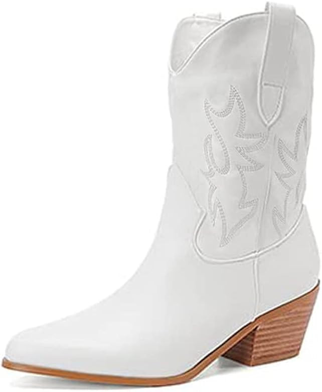 Womens Ankle Boots Block Chunky Heel Round Toe Pull on Vintage Embroidered Cowgirl Cowboy Summer Par | Amazon (US)