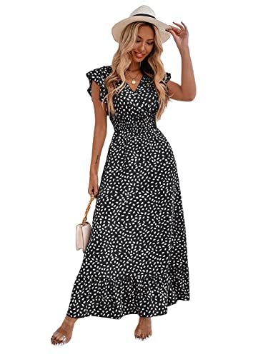 MakeMeChic Women's Allover Print Ruffle Sleeve V Neck Ruffle Hem A Line Summer Maxi Dress | Amazon (US)