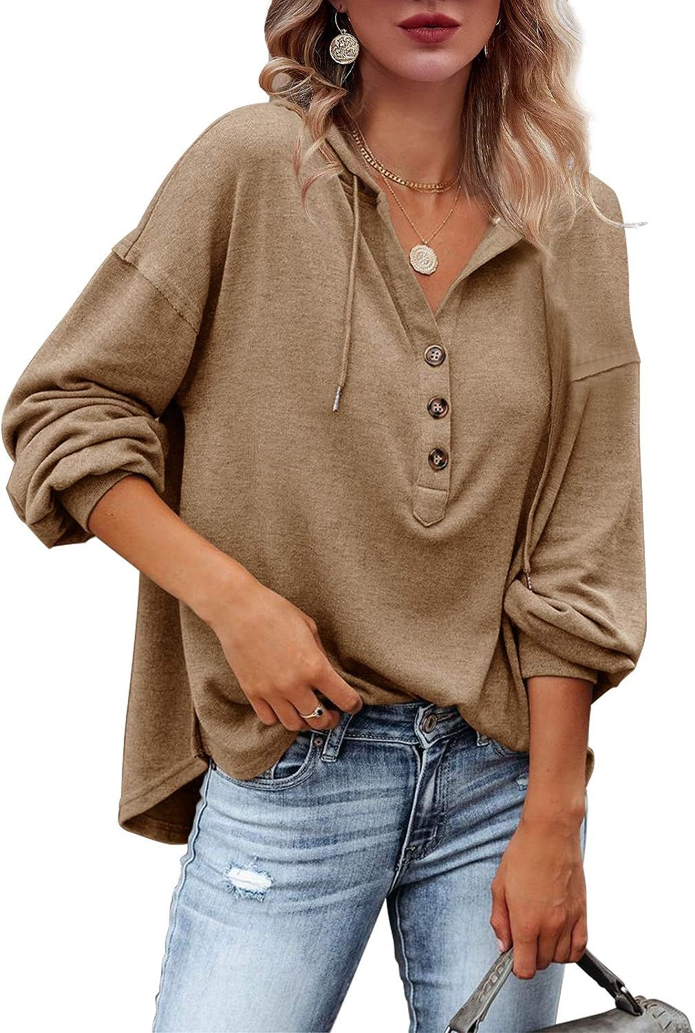 Tutorutor Women's Long Sleeve Deep V Neck Henley Shirts Button Down Drawstring Sweatshirt Hoodies... | Amazon (US)