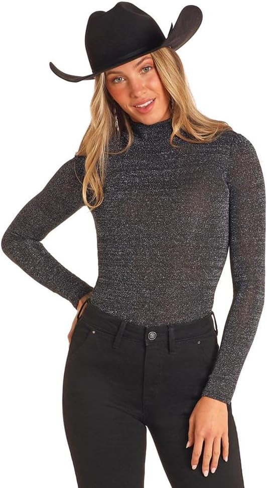 Rock & Roll Denim Womens Lurex Turtleneck Long Sleeve Top - Black - BW22T04478-01 | Amazon (US)