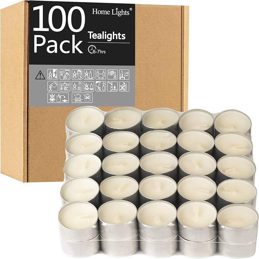 HomeLights Unscented White Tealight Candles -100 Pack, 6 to 7 Hour Burn Time Smokeless Tea Light ... | Amazon (US)