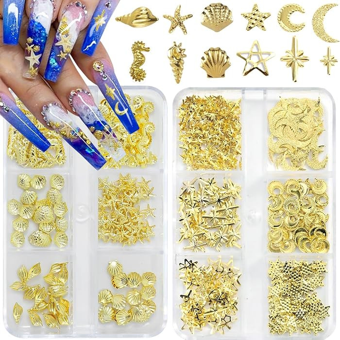 Gold Nail Charms, 2Boxes Gold Star Ocean Nail Gems Charms, Metal Small Star Moon Seashell Starfis... | Amazon (US)