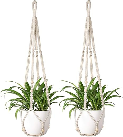 Mkono Macrame Plant Hanger Indoor Hanging Planter Basket with Wood Beads Decorative Flower Pot Ho... | Amazon (US)