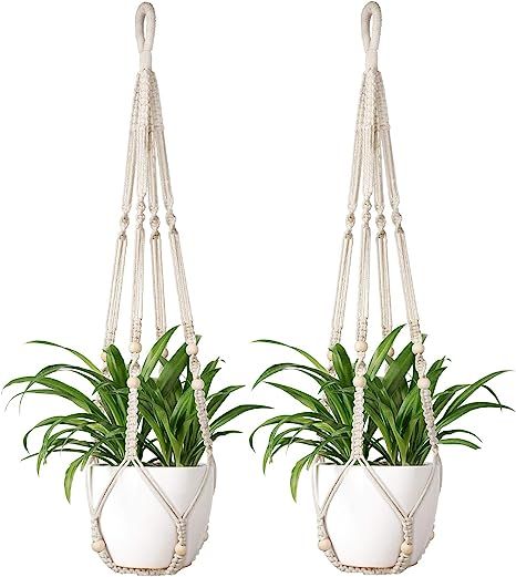 Mkono Macrame Plant Hanger Indoor Hanging Planter Basket with Wood Beads Decorative Flower Pot Ho... | Amazon (US)