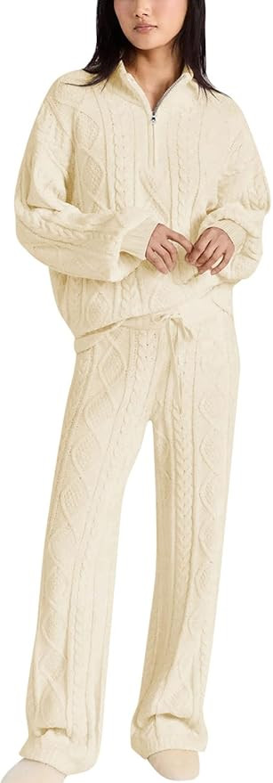 Paintcolors Womens 2 Piece Lounge Set Oversized Fall Knit Pajamas Long Sleeve Top Wide Leg Pants ... | Amazon (US)