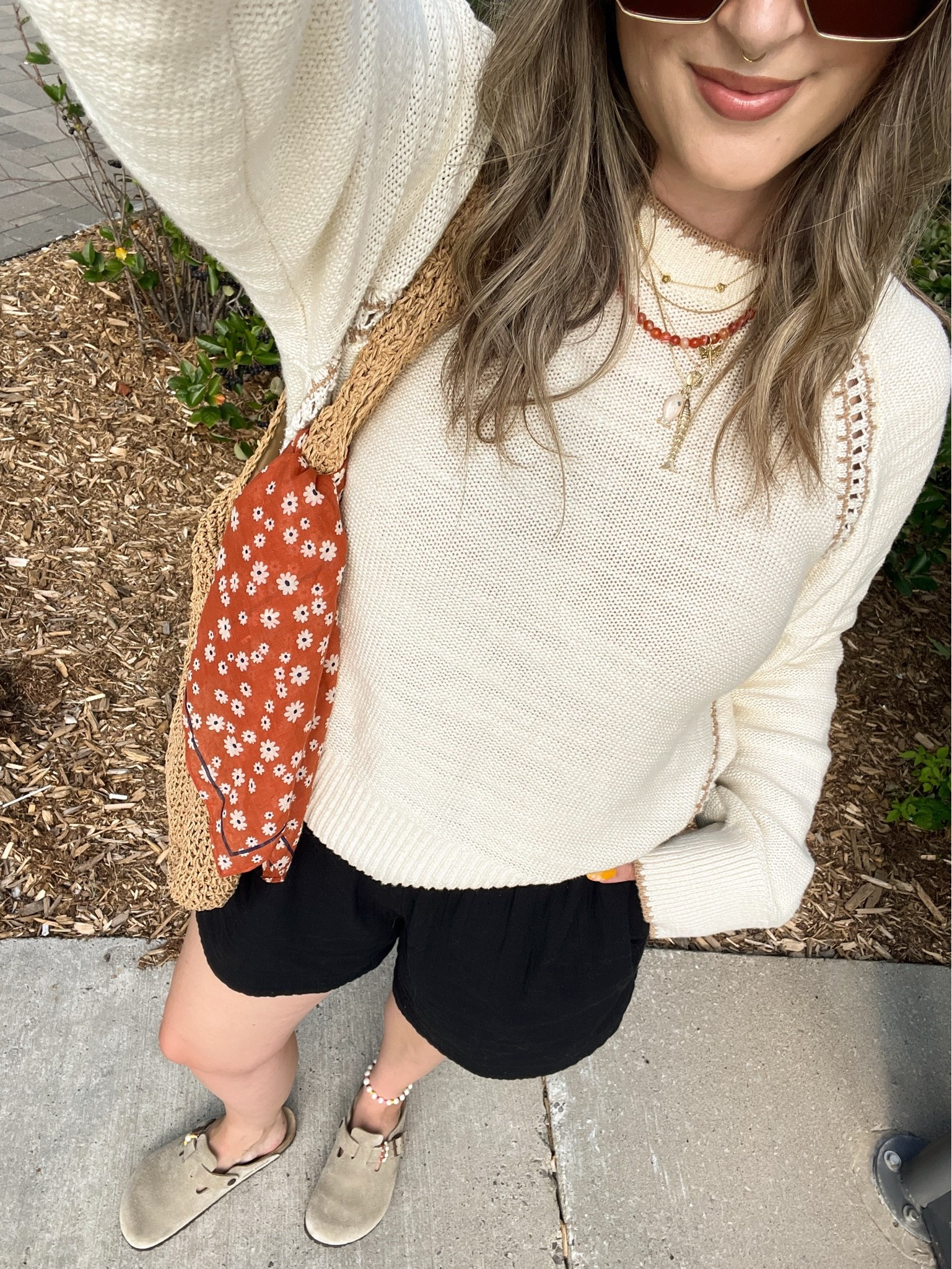 Easy summer to fall transitional outfit! Wearing L in the 100% cotton sweater. Shorts are old, linked similar. I’m a 9.5-10 shoe and wear a 40 in the Birkenstock clogs

#LTKsummer #LTKsale #LTKfall
