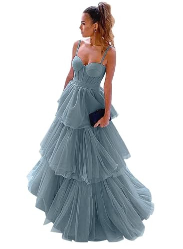 Tulle Prom Dresses 2024 Tiered Long Corset Sleeveless A Line Ruffles Formal Evening Dress with Bow Dusty Blue 2 | Amazon (US)