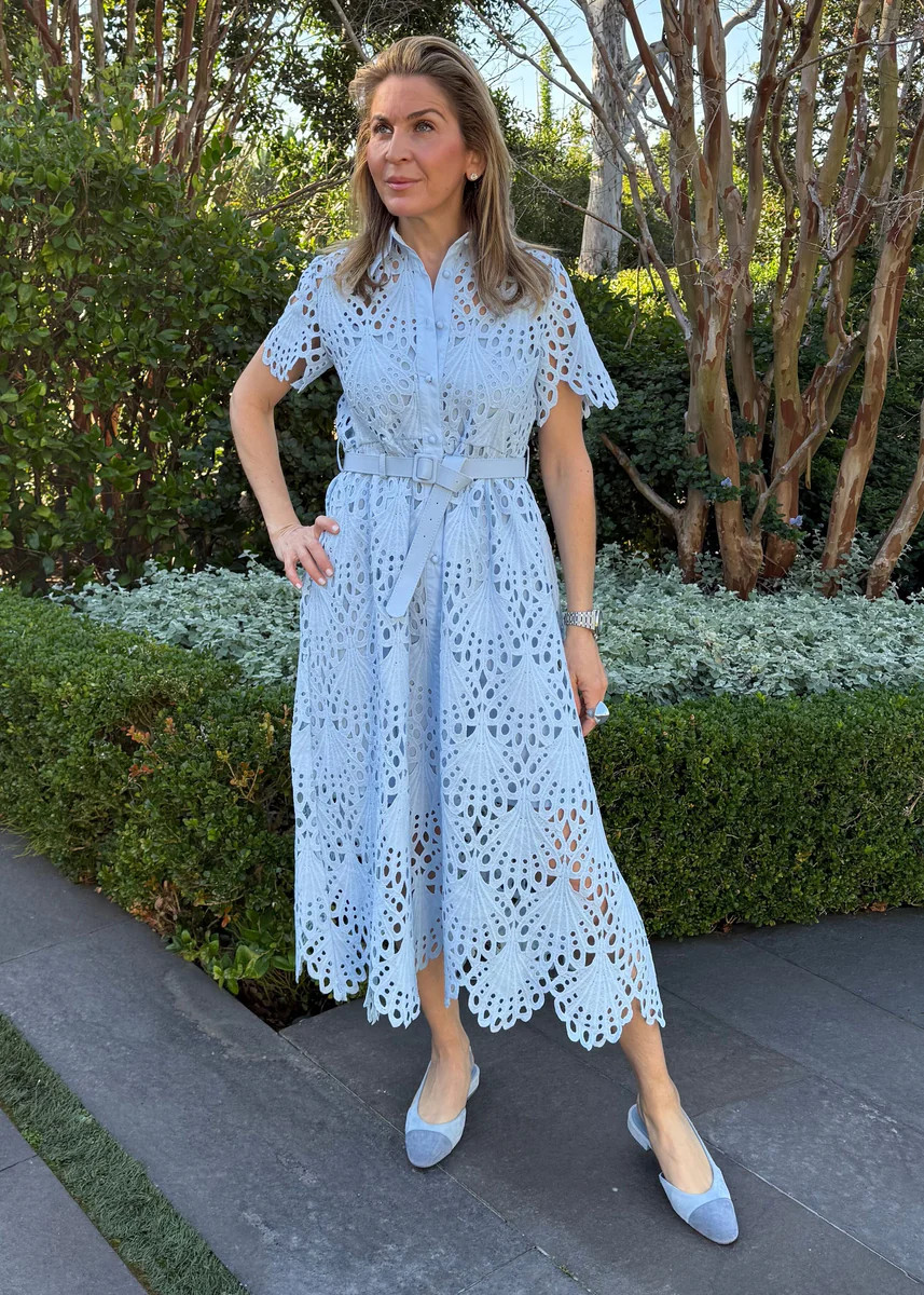 Robin Belted Short Sleeve Lace Midi Dress - Light Blue | Benaar La