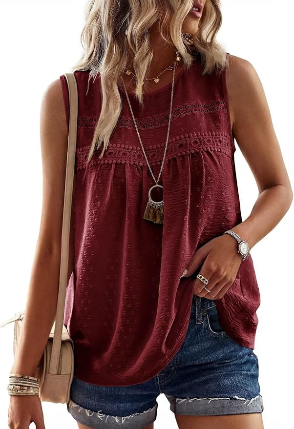 Falechay Womens Summer Tops Boho Shirts Crewneck Sleeveless Tank Tops Flowy Lace Hem Casual Blous... | Amazon (US)