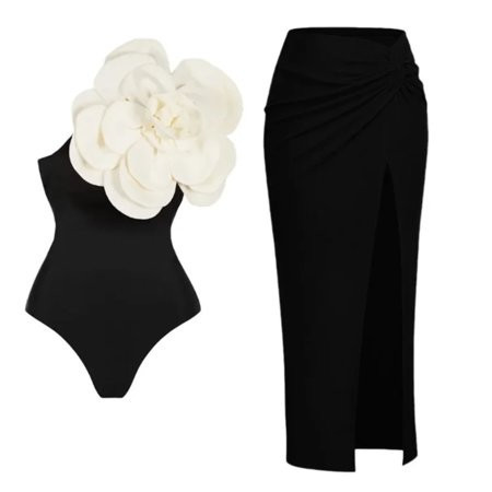 Flaxmaker Women Sexy 3D Flower One Shoulder One Piece Swimsuit and Skirt Bathing Suit Two pieces Swimwear | Walmart (US)
