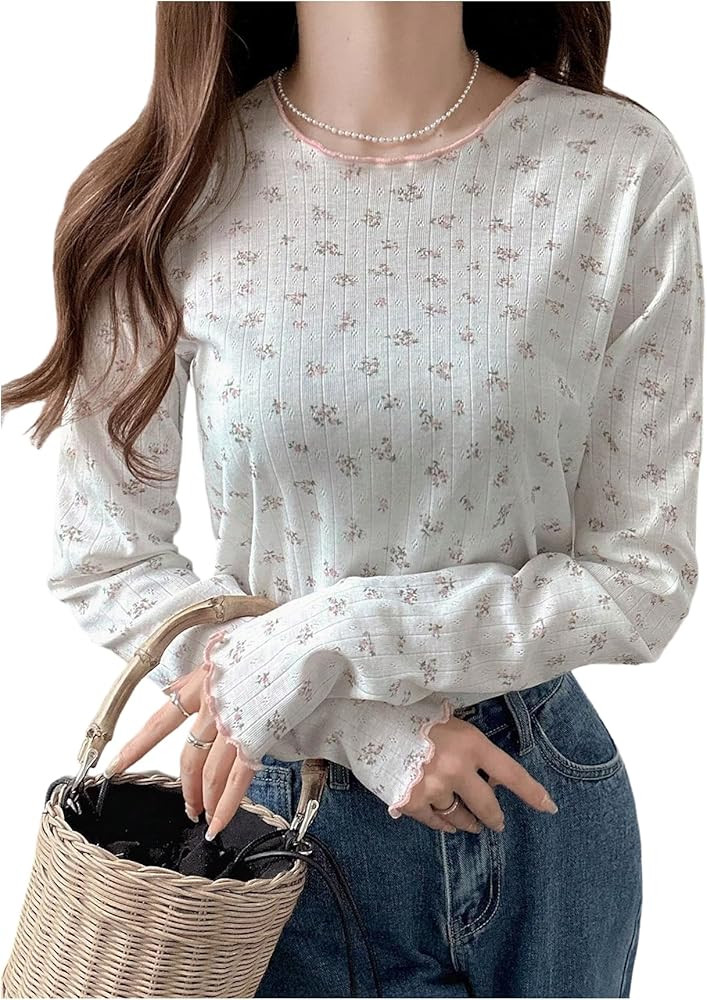 SweatyRocks Women's Long Sleeve Floral Print T Shirts Crewneck Lettuce Trim Ribbed Knit Tops | Amazon (US)