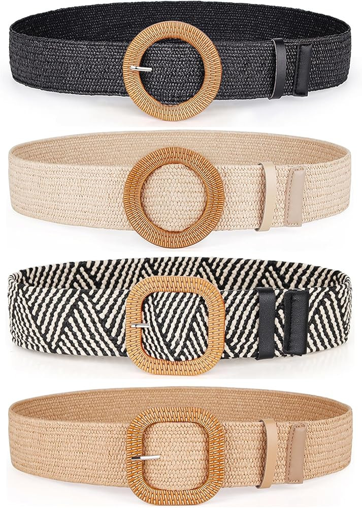 Women Belts For Dresses, Elastic Straw Rattan Waist Band With Large Buckle | Amazon (US)