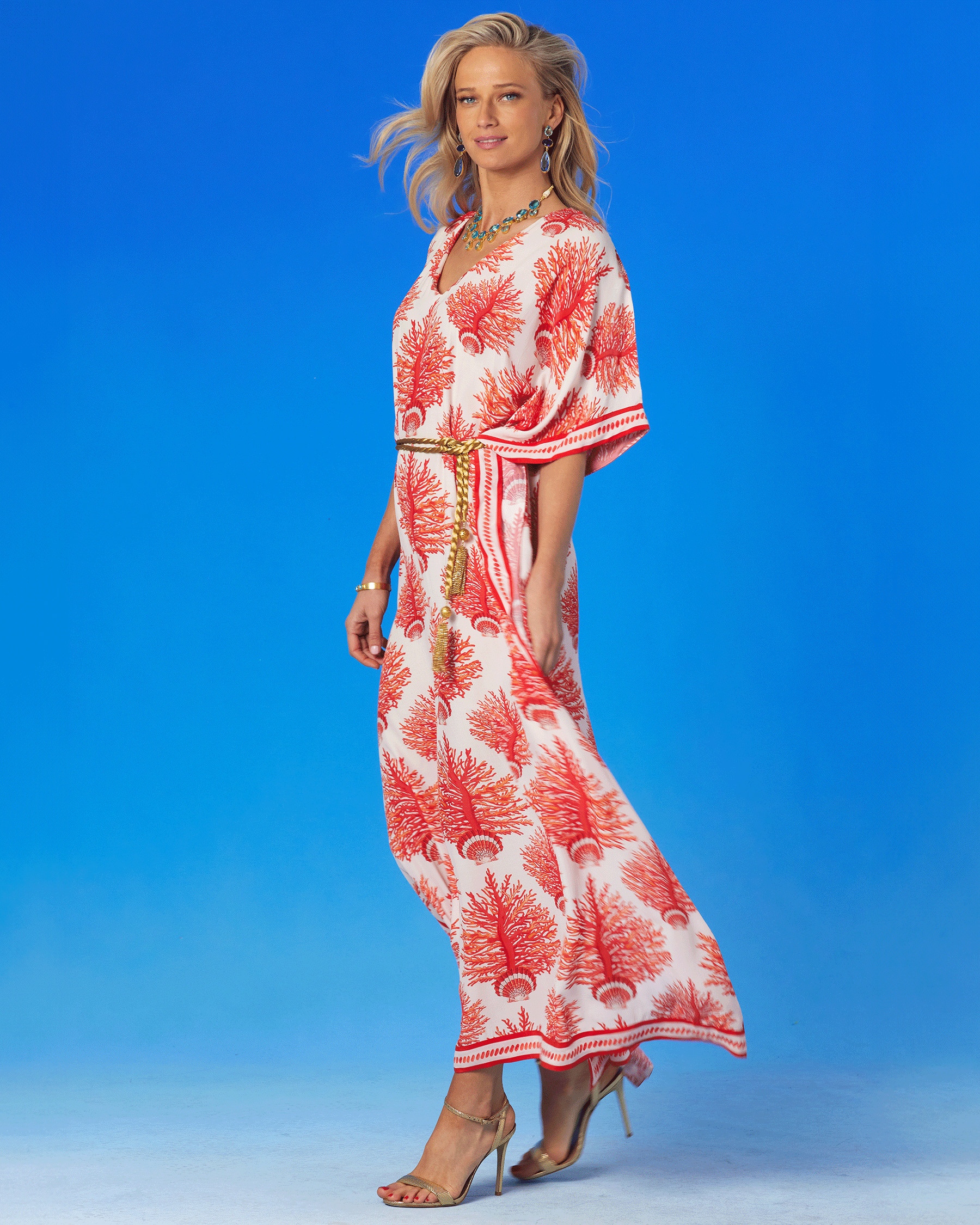 Carolina Kaftan in Red Coral and Seashell Motif | NICOBLU