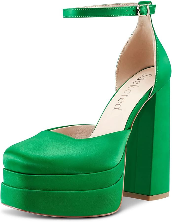 Saekcted Women's High Heels Platform Ankle Strap Pumps Square-Toe Chunky Heel Wedding Party Dress... | Amazon (US)