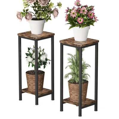 2-Pack Plant Stand Indoor, 2 Tier Wood Corner Plant Stand, Modern Square Plant Shelf Flower Stand For Living Room Patio Balcony Garden(Rustic Brown) | Wayfair North America
