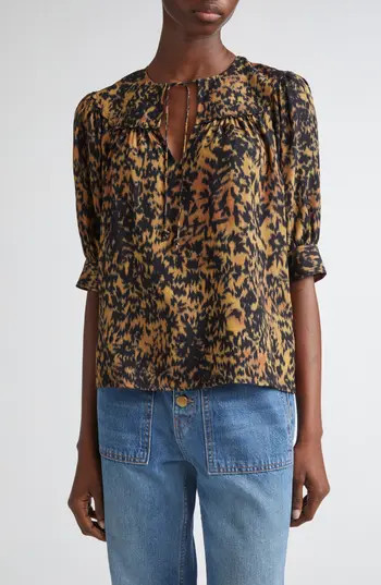 Ulla Johnson Blaire Leopard Print Short Sleeve Top in Savannah at Nordstrom Rack, Size 2 | Nordstrom Rack