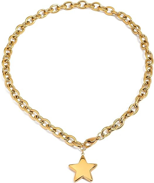 Chunky Gold Star Pendant Necklace for Women Thick Chain Star Choker Trendy Jewelry | Amazon (US)
