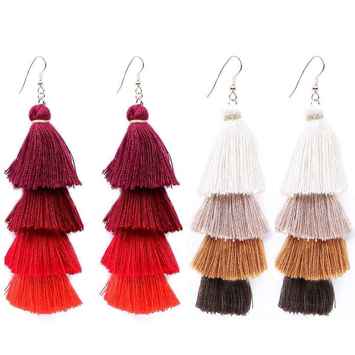 4 Tier Tassel Earrings Thread Fringe Eardrop Tiered Dangle Earrings for Women Handmade Drop Earrings | Amazon (US)