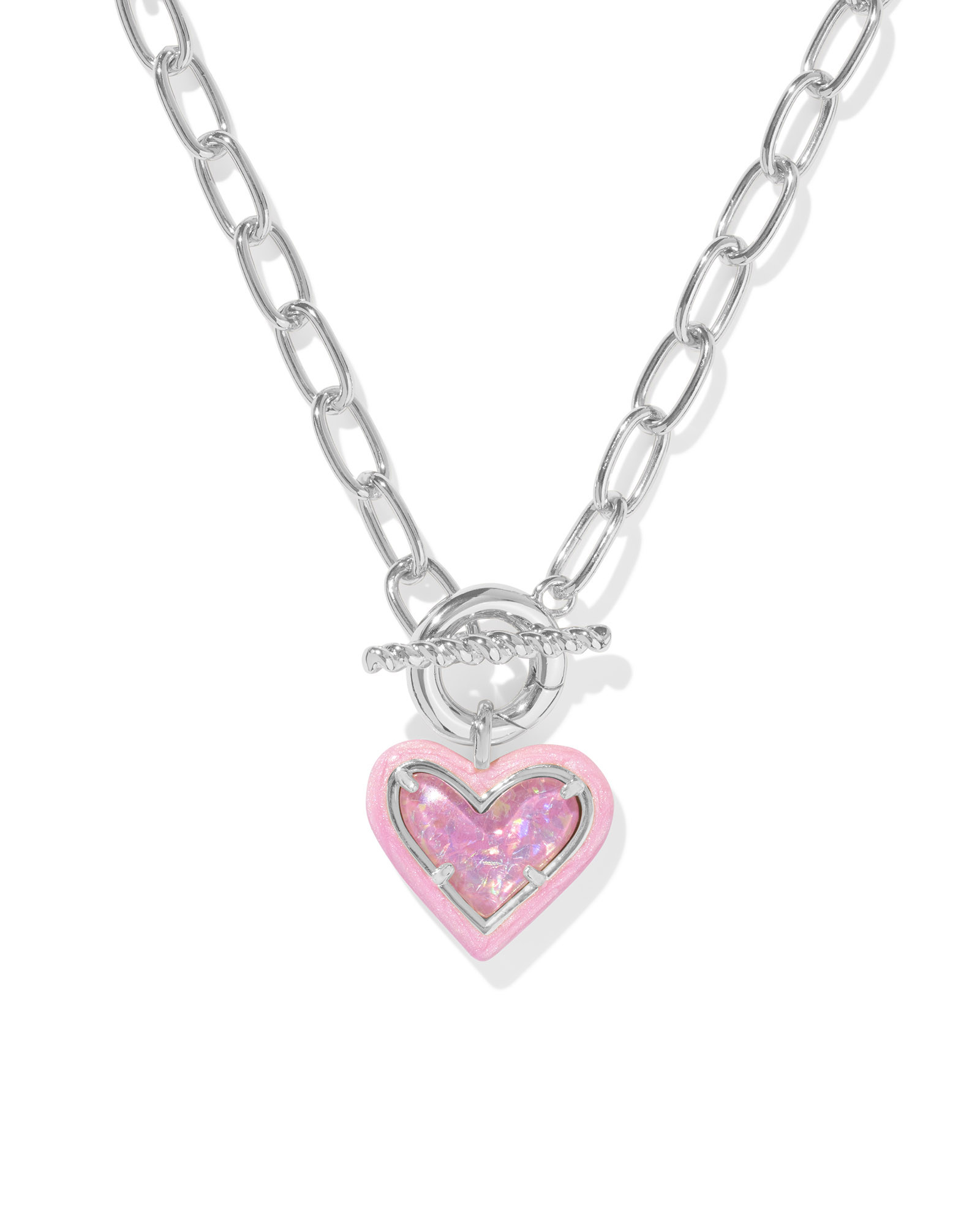 Ari Heart Silver Enamel Frame Link and Chain Necklace in Pink Iridescent Glitter Glass | Kendra S... | Kendra Scott