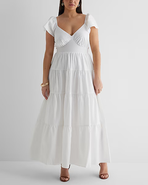 V-Neck Flutter Sleeve Tiered Poplin Maxi Dress | Express