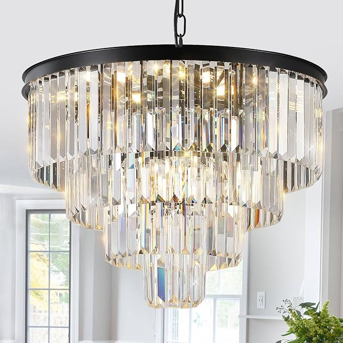 Modern Black Crystal Chandeliers,24” Ceiling Round Chandelier,Luxury Flush Mount Pendant Light ... | Amazon (US)