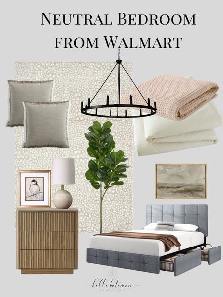 Neutral bedroom decor from Walmart. Platform bed with pull out drawers . Neutral cheetah rug, waffle
Knit blanket, comforter, dresser, side table, throw pillows, chandelier, table lamps, artwork. 

#LTKhome #LTKSeasonal #LTKFind