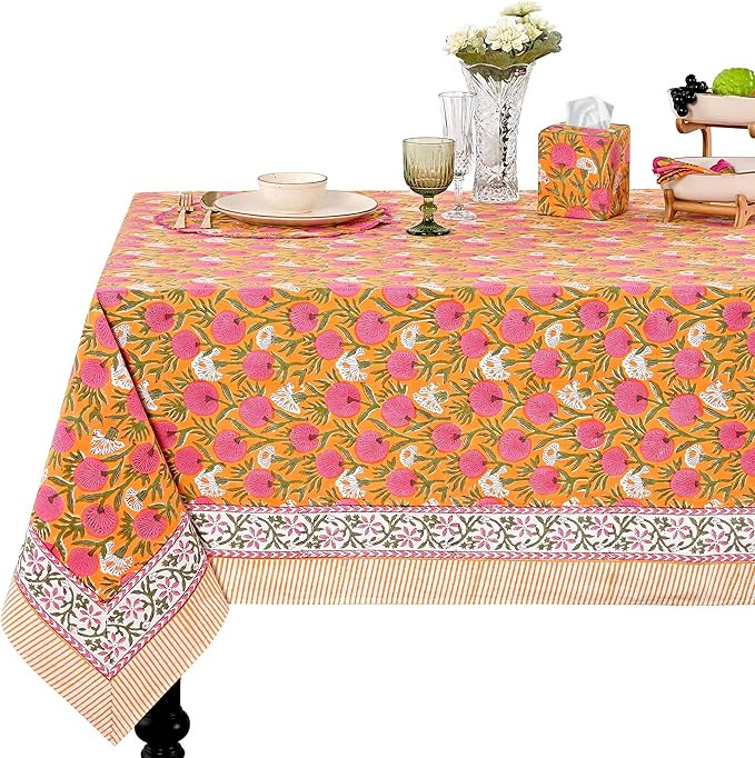 Ridhi -Bubblegum Pink Cotton Tablecloth, Handblock Print Floral Table Cloth for Kitchen Dining Li... | Amazon (US)