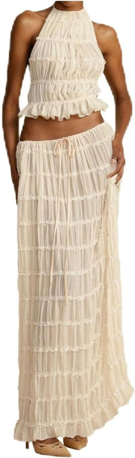 Women's Backless Halter Tank Top and Pleated Retro Chiffon Long Maxi Skirt Tulle Ruffle Skirt Set... | Amazon (US)