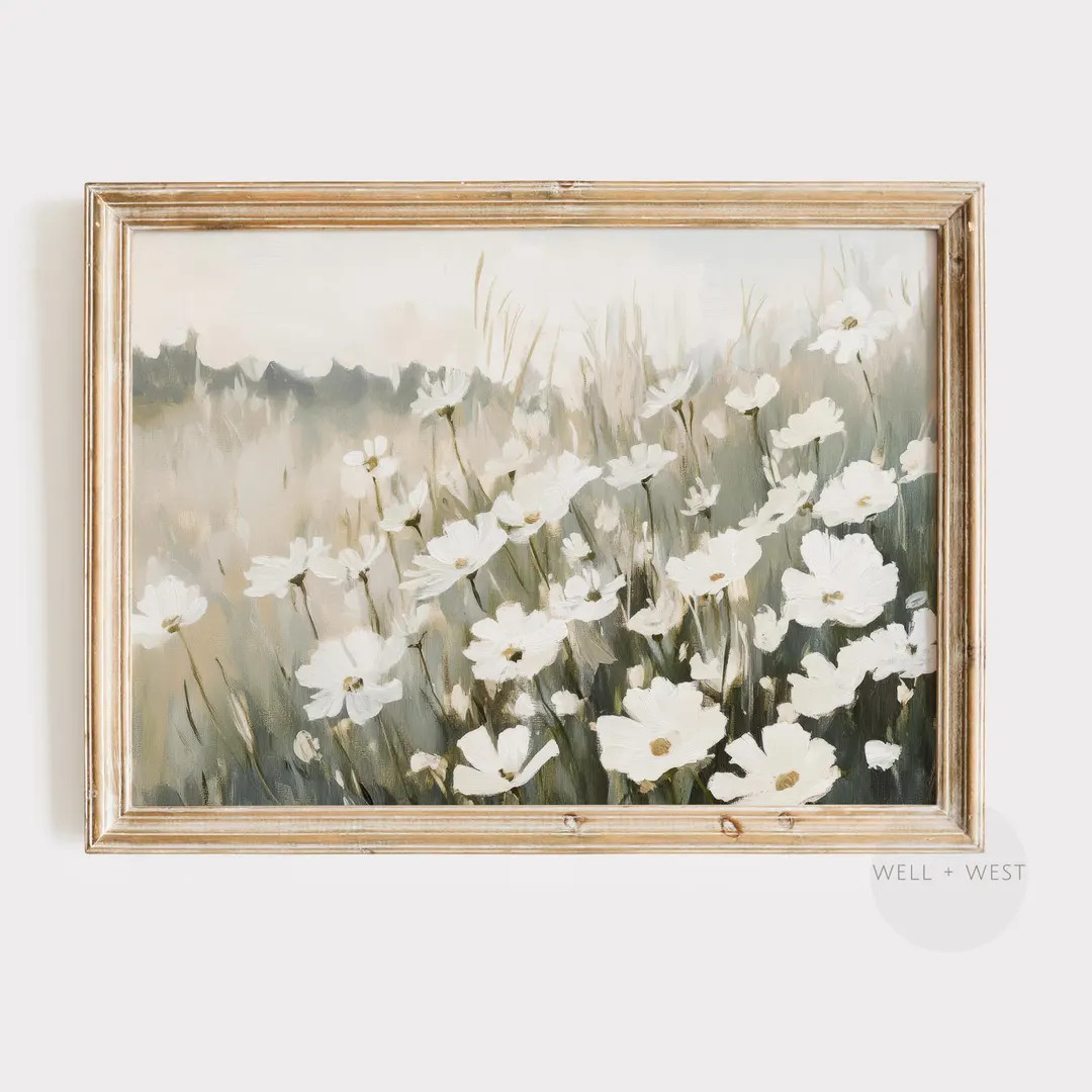 White Wildflowers Print | Field Landscape Painting | Floral Countryside Printable Art | Farmhouse... | Etsy (US)