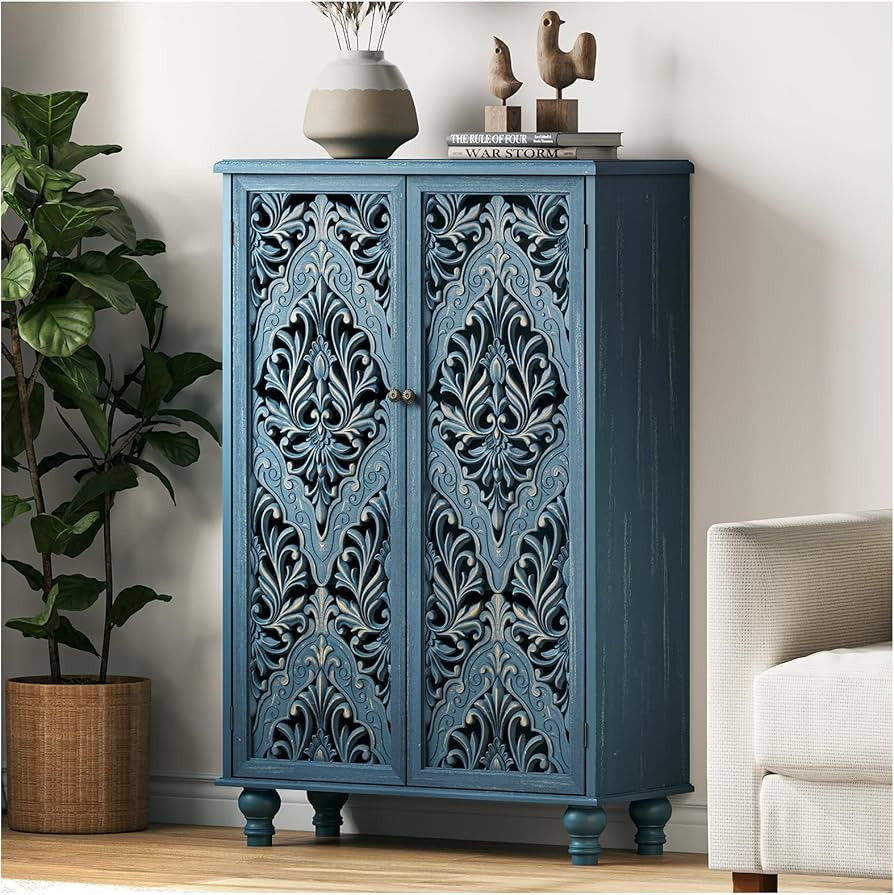 JOINICE 47" Tall Accent Cabinet with Navy Blue Mandala Carved Doors, Solid Wood Legs Storage Cabi... | Amazon (US)
