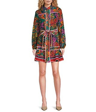 J.Marie Asher Embroidered Trim Mandarin Collar Button Front Long Sleeve Tie Waist Tiered Mini Dress - L | Dillard's