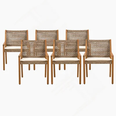 OUTDOOR DINING CHAIR SET-Acacia Wood and Wicker with Cream Cushion Patio Furniture-Teak finish & wicke Brown ,Suitable for large gatherings-set of 6 | Wayfair North America
