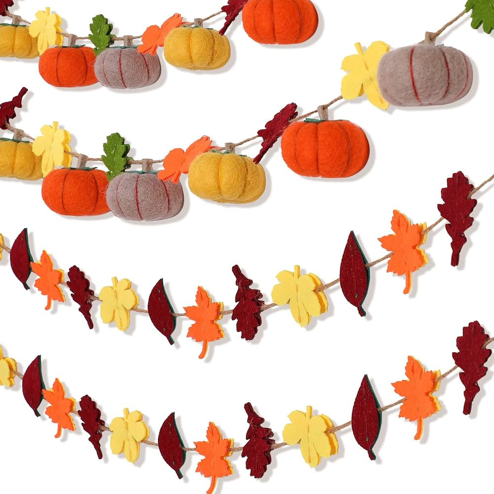 2 Pcs Thanksgiving Felt Pumpkin Garland Maple Leaves Fall Felt Garland Fall Garland for Mantle Fa... | Amazon (US)