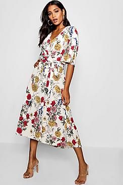 Nancy Angel Sleeve Floral Wrap Midi Dress | Boohoo.com (US & CA)