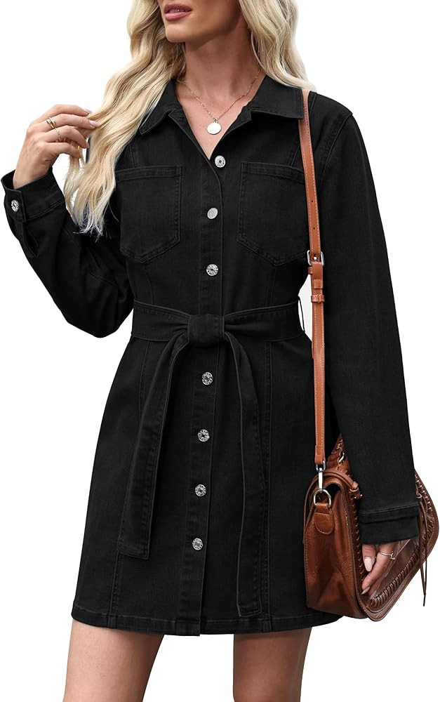 Women's Denim Dress Short Sleeve Jean Dress Button Down Denim Shirt Dresses with Pocket 2026 West... | Amazon (US)
