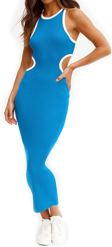 NauLon Womens Sexy Cut Out Waist Open Back Bodycon Dress Ankle Length Ribbed Party Club Midi Dres... | Amazon (US)