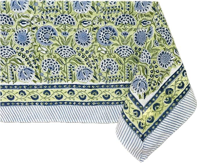 ATOSII Amara Green 100% Cotton Rectangle Fall Tablecloth, Handblock Floral Print Linen Table Clot... | Amazon (US)