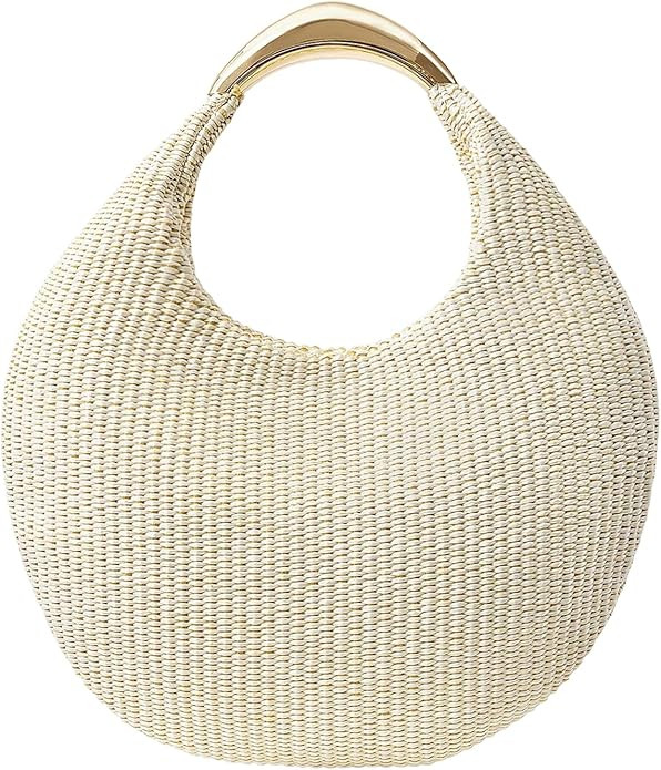 QWINEE Women's Woven Handbag Elegant Clutch Purse Metal Top Handle Cresent Evening Bag Retro PU L... | Amazon (US)